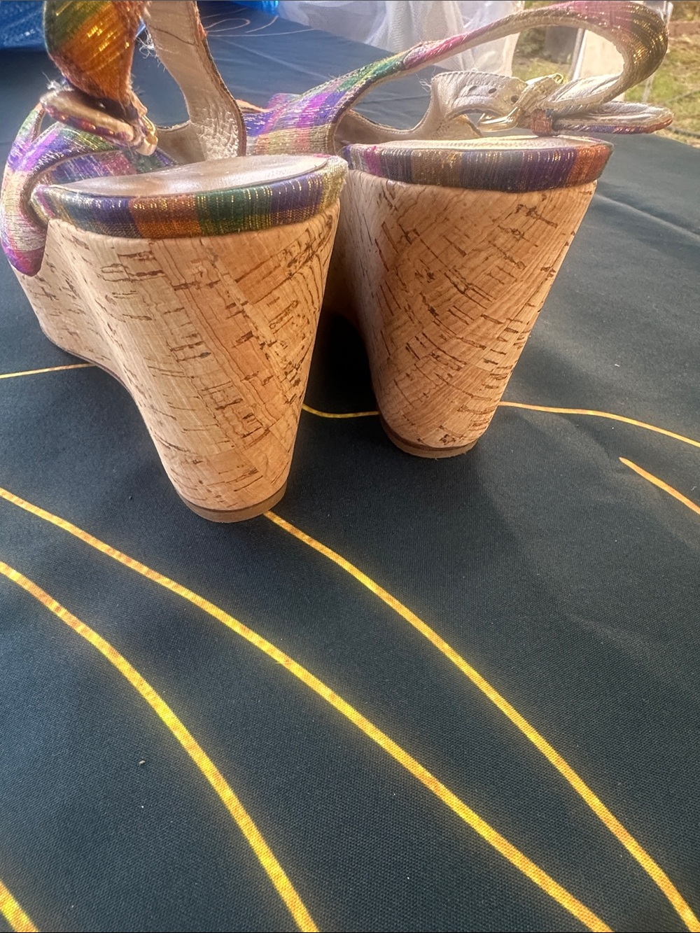 Stuart Weitzman Multicolor Plaid Cork Wedge Sandals - Picture 7 of 10